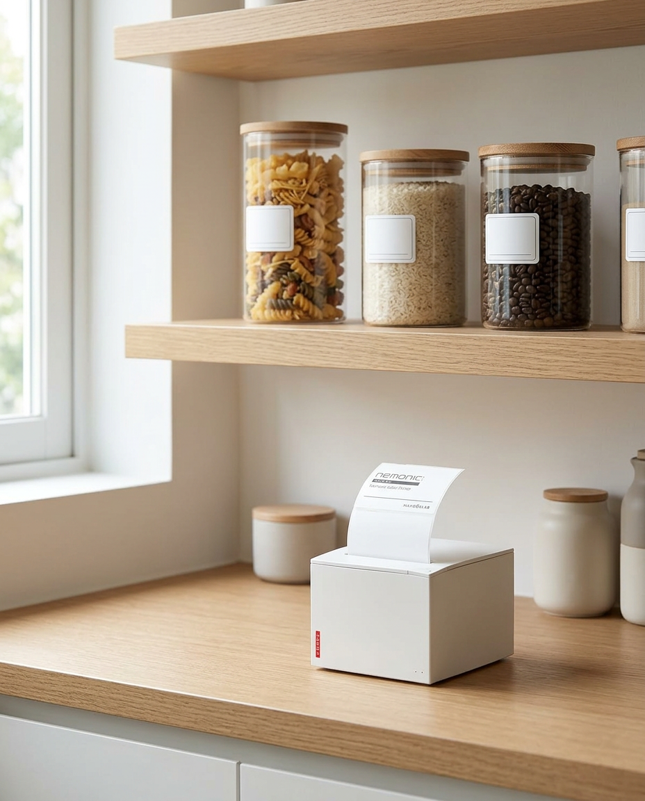 Pantry jars with clean printed labels and a nemonic label printer on the counter