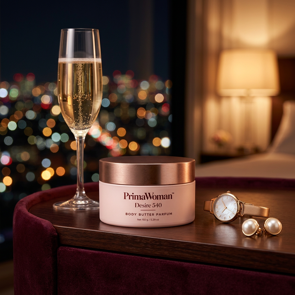Prima Woman body butter on a vanity with a gold watch and champagne at night