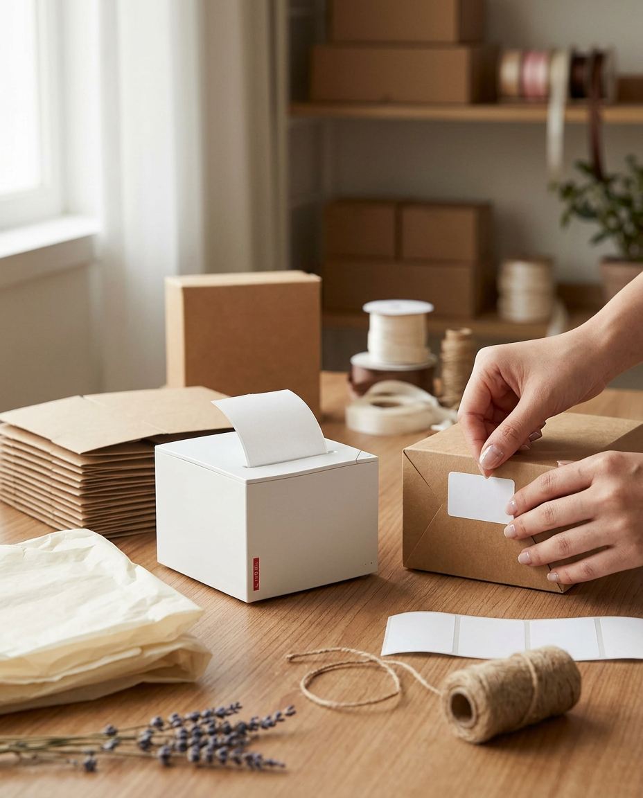 Hands placing a printed label on a kraft gift box next to a nemonic printer