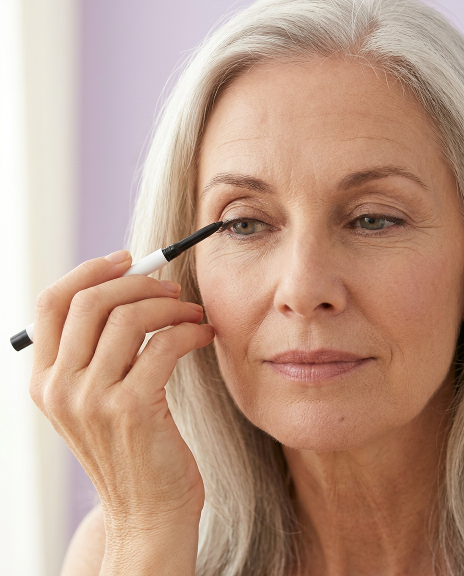Woman with silver hair applying LushLine+ eyeliner along her upper lash line