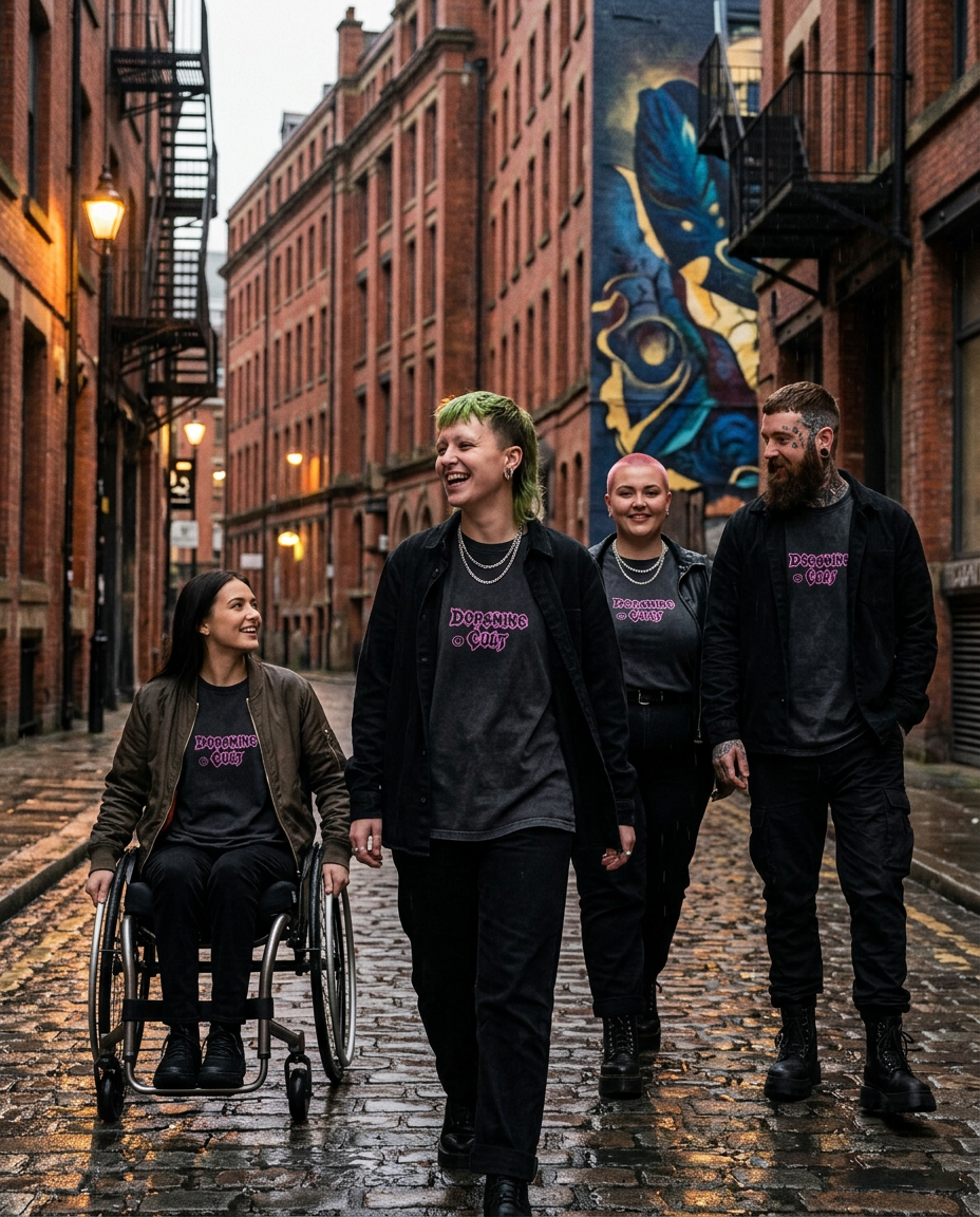 Mixed crew of alternative friends, including a non-binary person with a green mullet and a woman in a wheelchair, walking down a cobbled Manchester Northern Quarter street in Dopamine Cult oversized tees