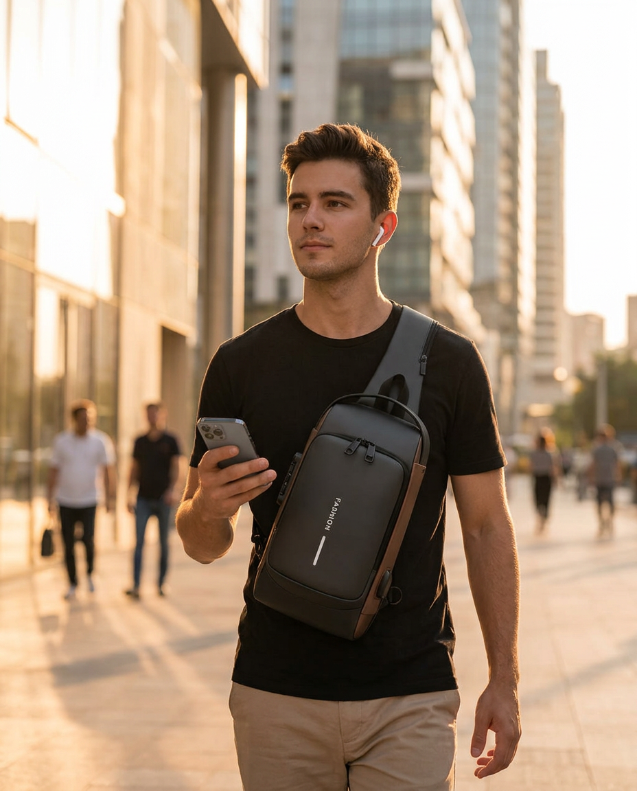Commuter walking through the city wearing the Anti-Theft USB Charging Chest Bag and wireless earbuds