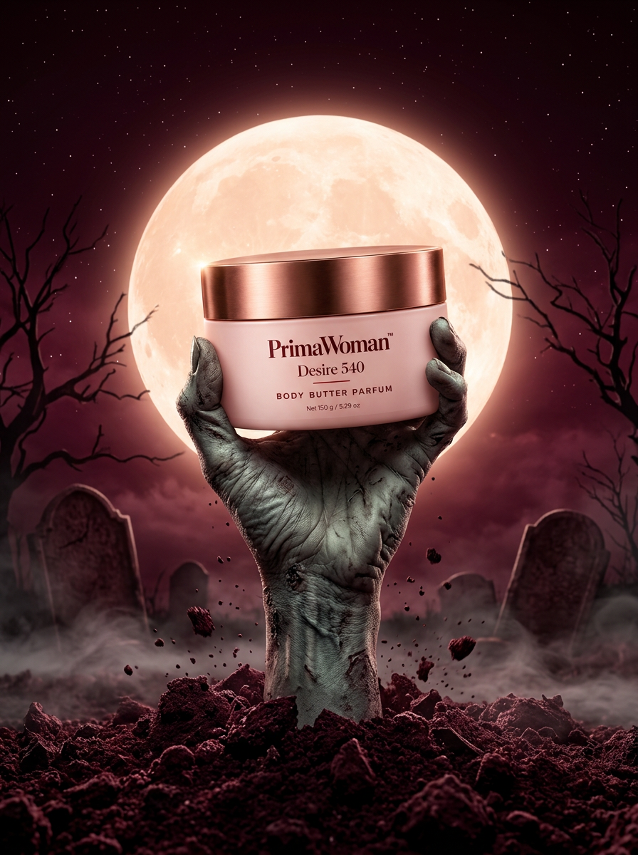 A zombie hand rising from graveyard soil holding a jar of PrimaWoman Desire 540 body butter under a full moon
