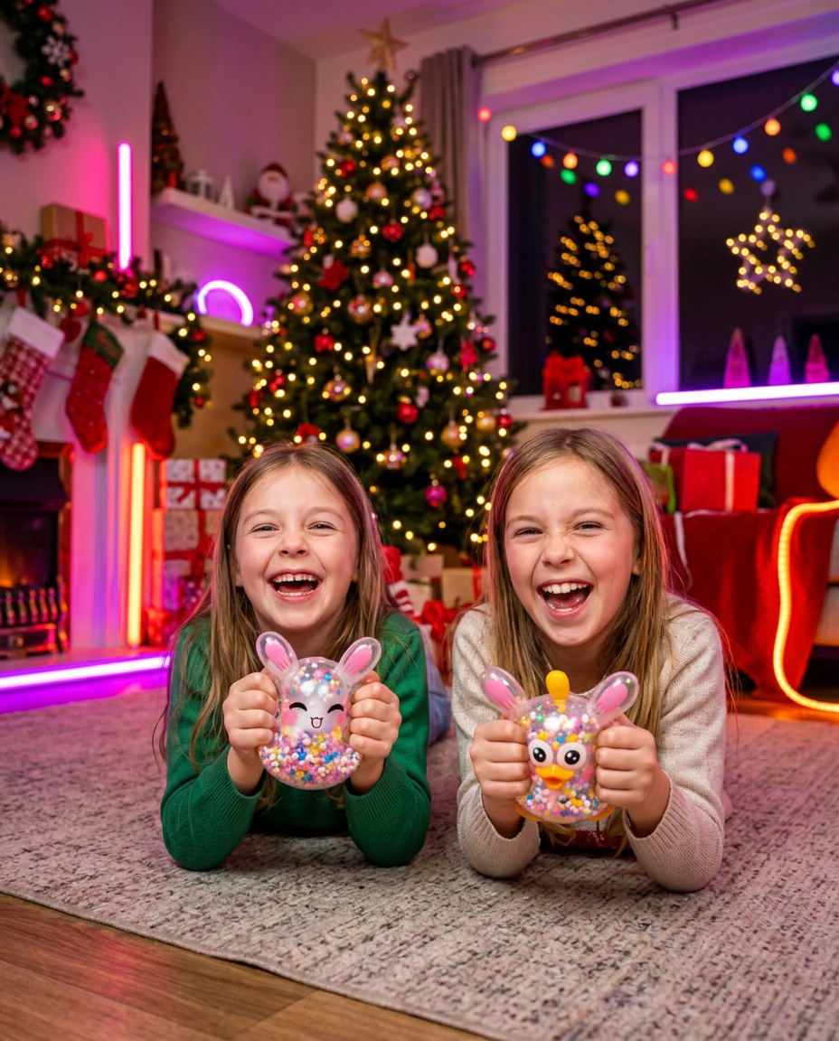 Dzieci śmieją się i ściskają kolorowe Bubble Squishies, które zrobiły same