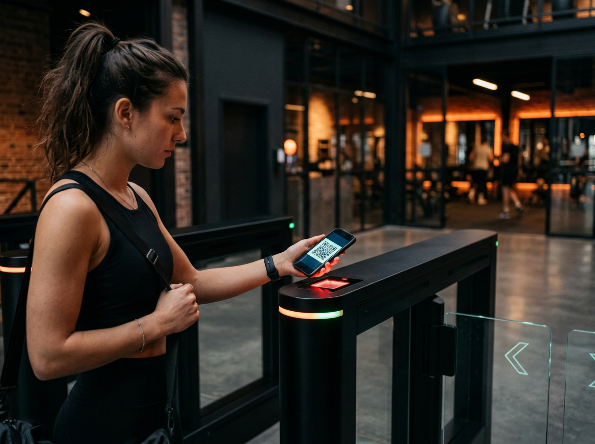 Gym member scanning a QR code on their phone at an access-control turnstile