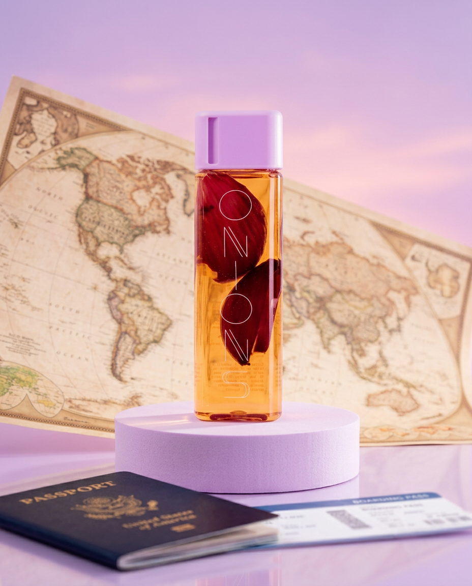 Shampoo Onions de Follicle junto a un mapa y un pasaporte