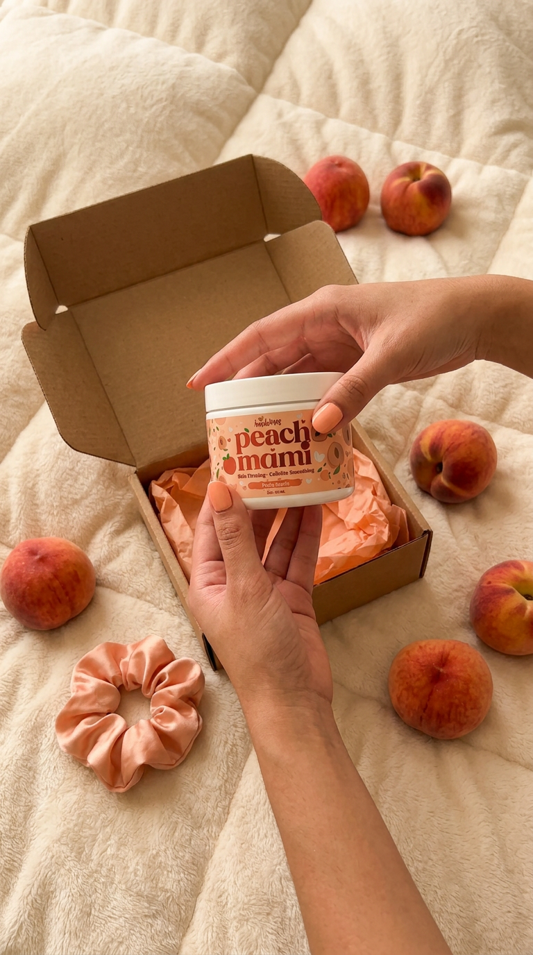 Unboxing the jar on a fluffy duvet with peaches