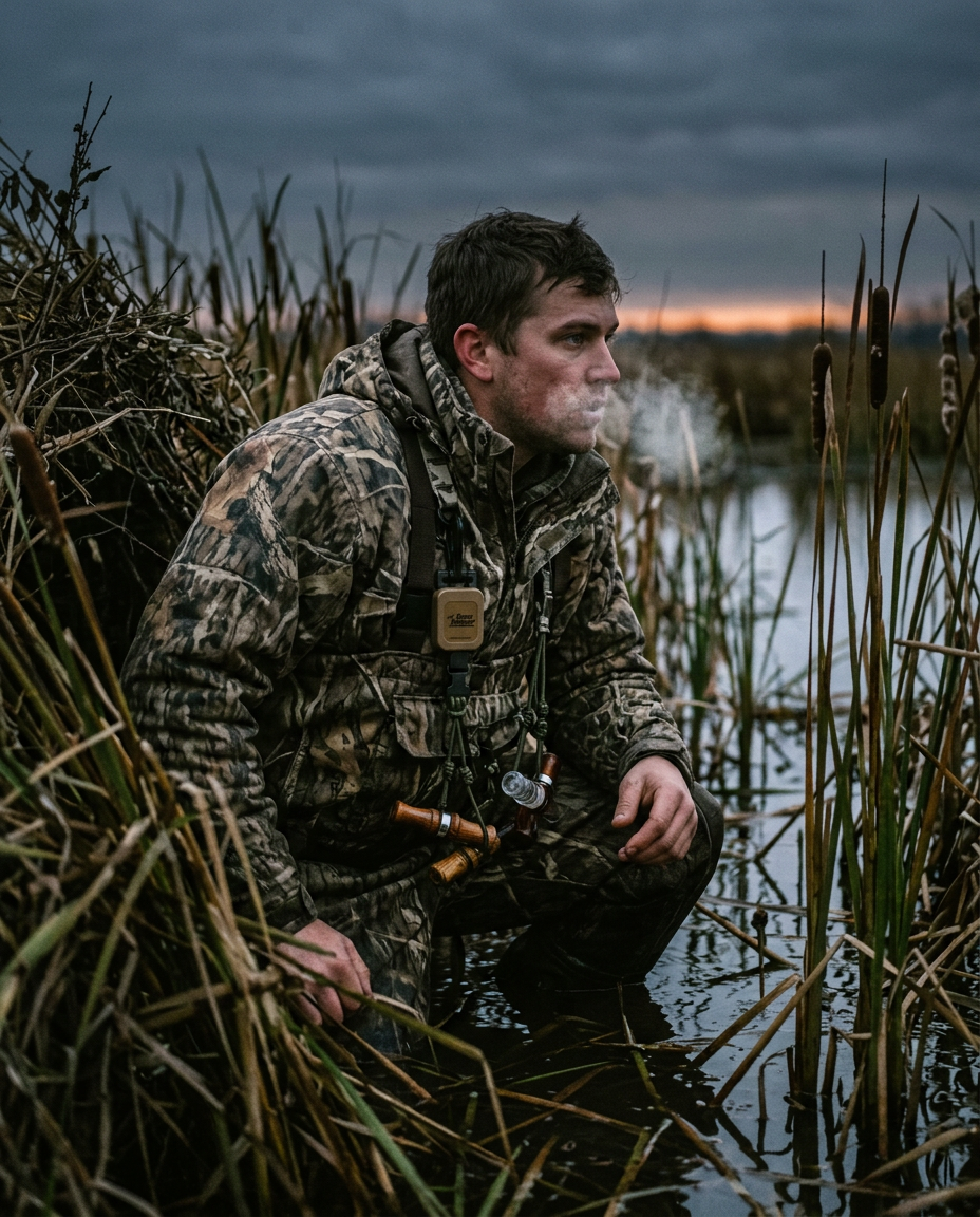 Duck hunter in a marsh blind at first light with calls tethered to his chest