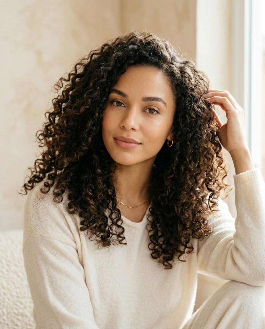 Editorial portrait of a mixed-race woman with voluminous defined curls in a soft ivory knit