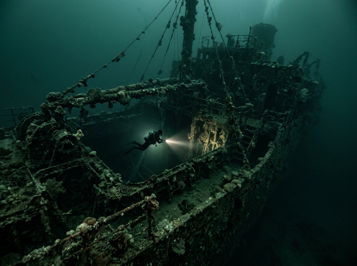 Diver sweeping a dive light across the deck of a barnacle-covered shipwreck in dark green water