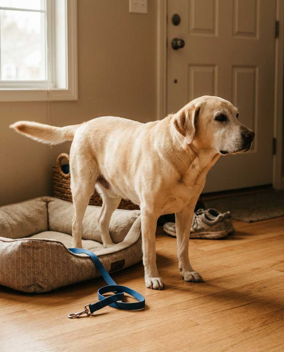 Dopo: lo stesso Labrador anziano in piedi accanto alla cuccia, la coda alta, guarda la porta pronto per uscire