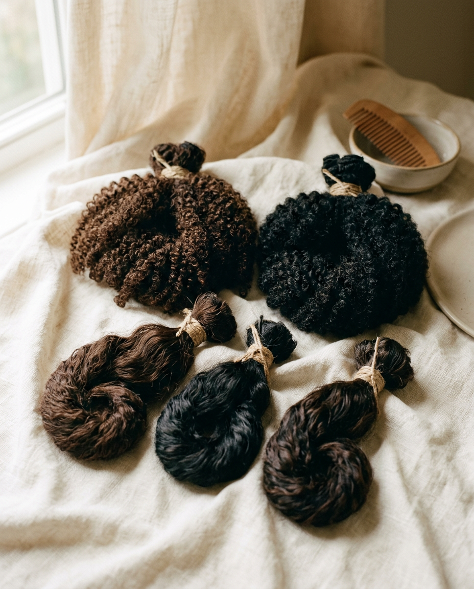 Coiled bundles of textured hair extensions on ivory linen