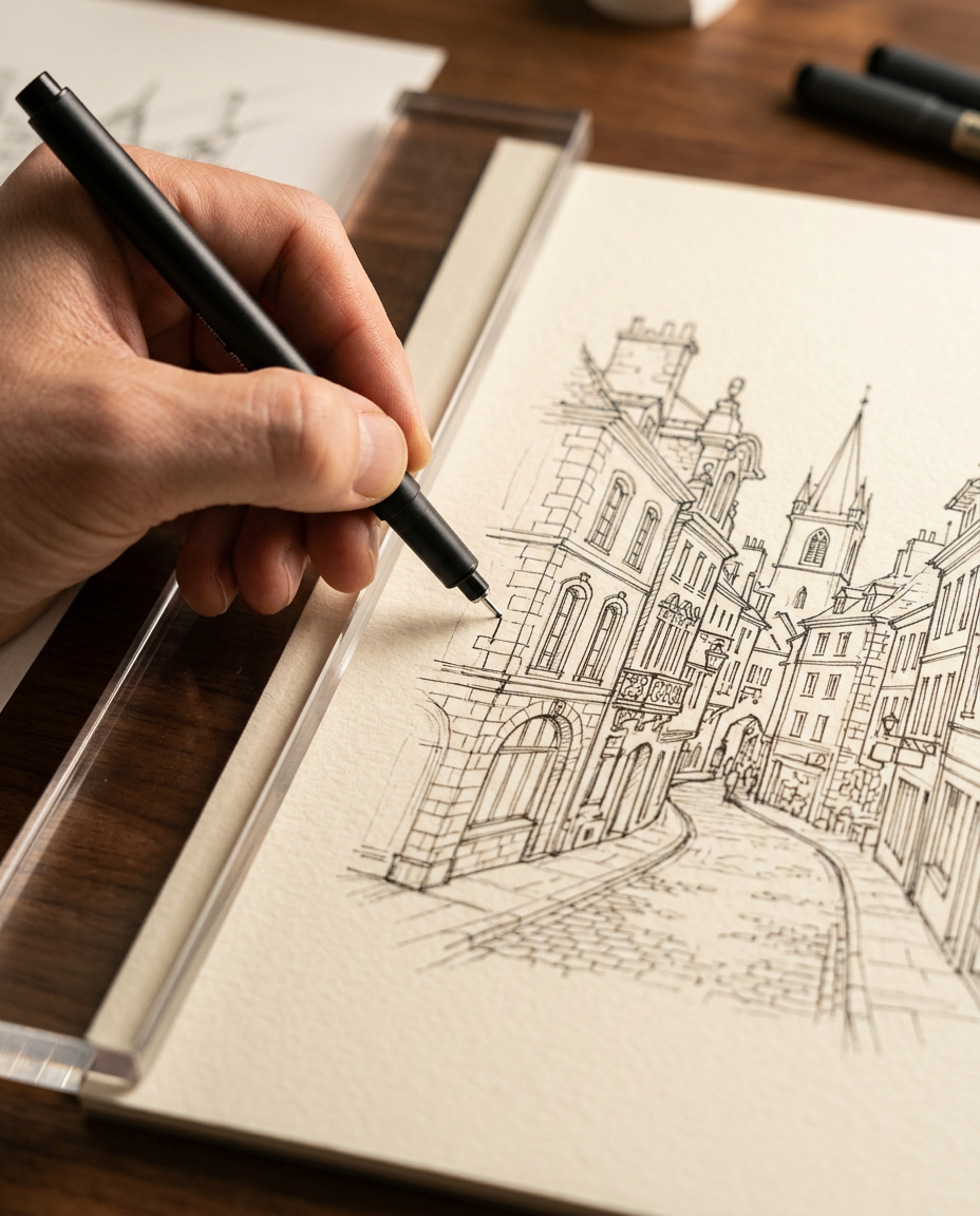 A hand inking a detailed architectural street sketch with a fine pen