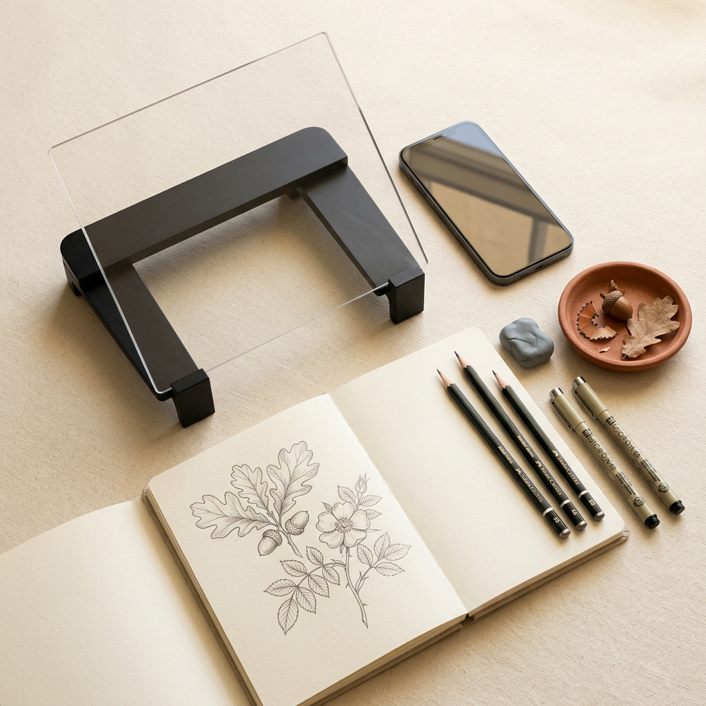 Flat lay of the Orvello drawing board with a phone, a sketchbook with a botanical drawing, pencils and fine liners