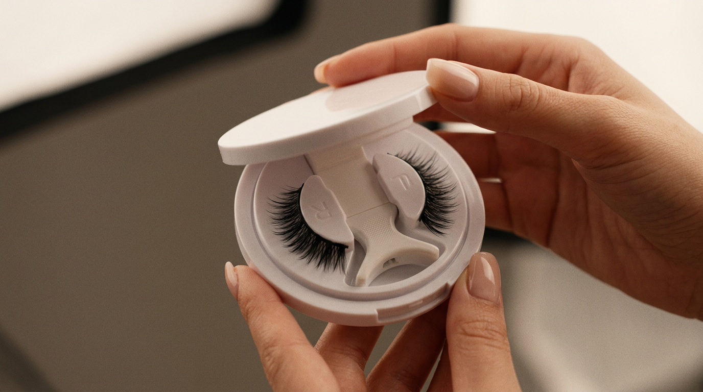 Hands opening the magnetic lash case