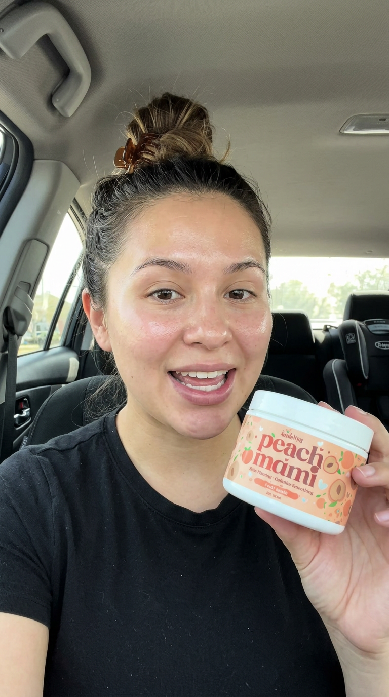 New mom in her car holding the jar to the camera
