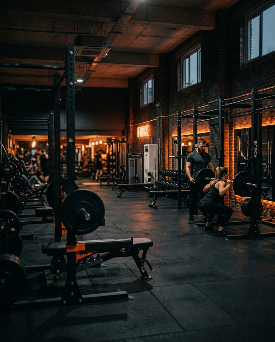 Coach training a member in a dark, industrial independent gym