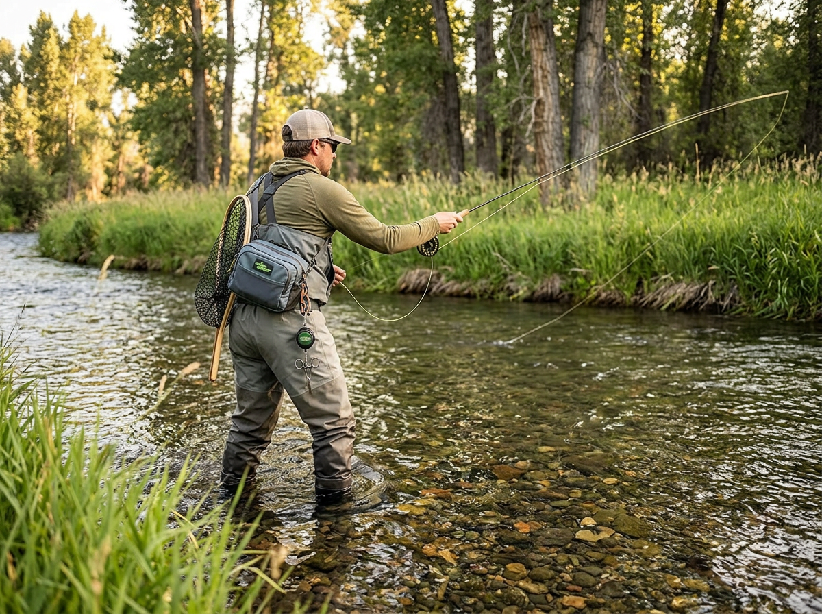 Fly angler wading a riffle on a trout stream with a net on his back