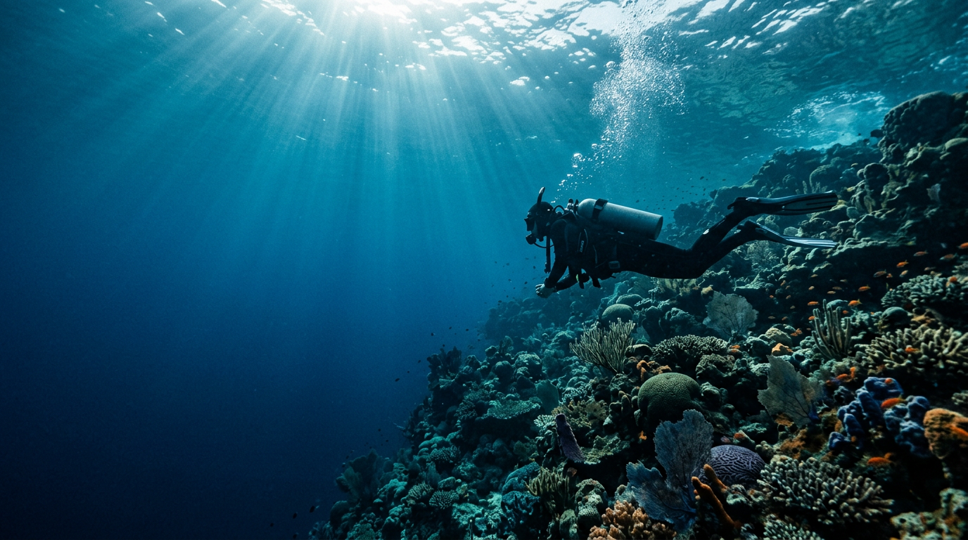Scuba diver gliding along a coral reef wall in deep blue water under shafts of sunlight