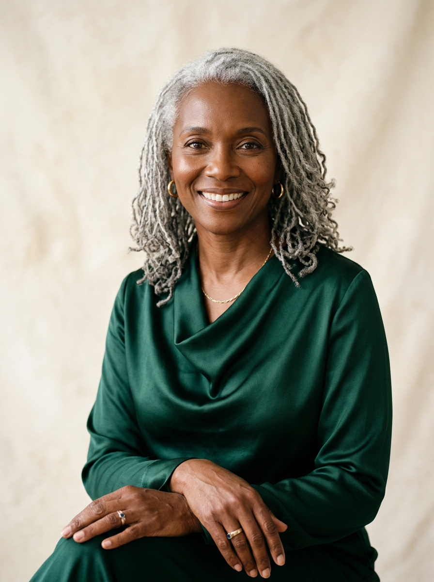 Editorial portrait of a woman with silver sisterlocks in an emerald silk blouse