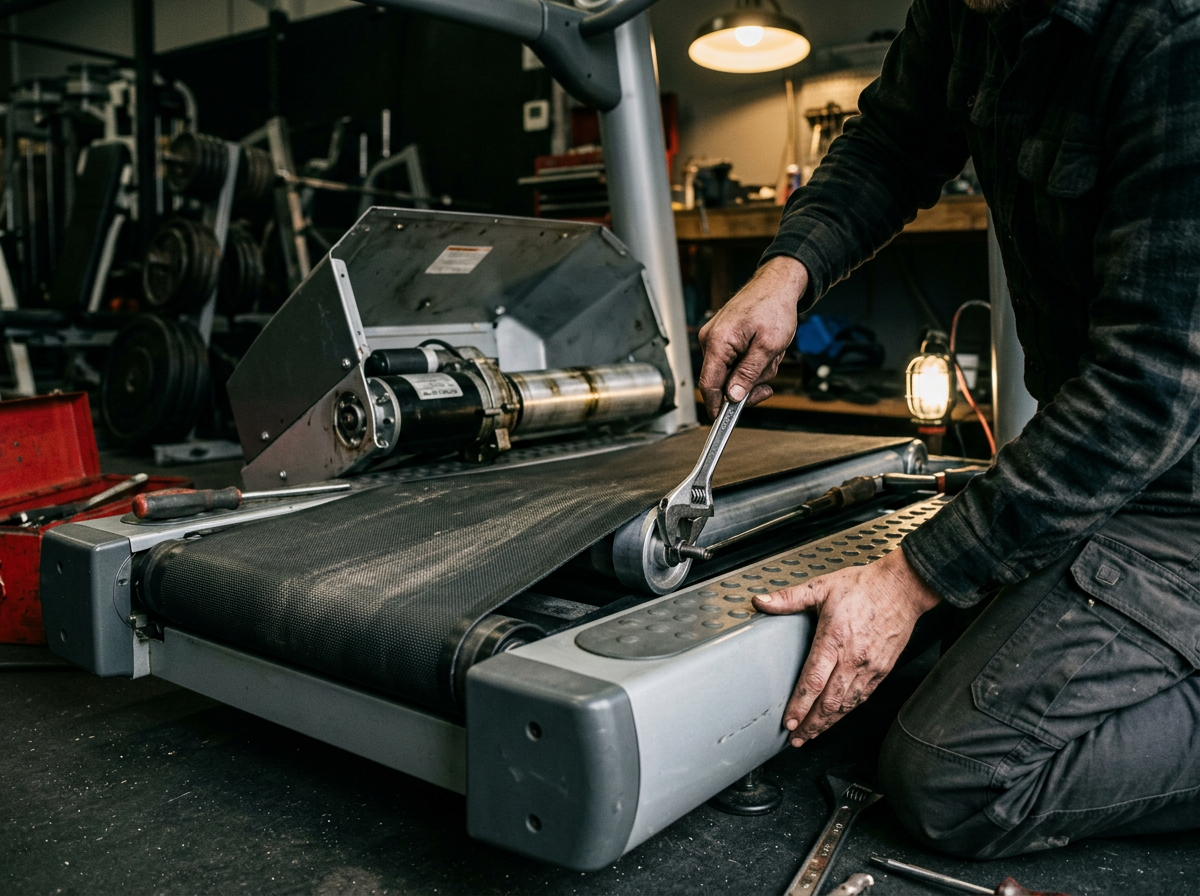 Technician servicing the deck and belt of a commercial treadmill