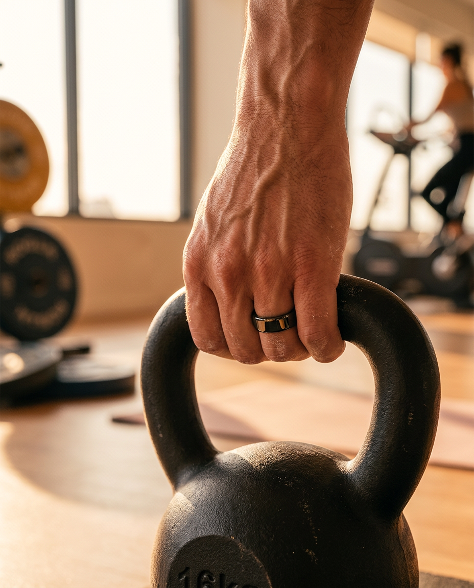 Athlete's hand wearing the black smart ring while gripping a kettlebell
