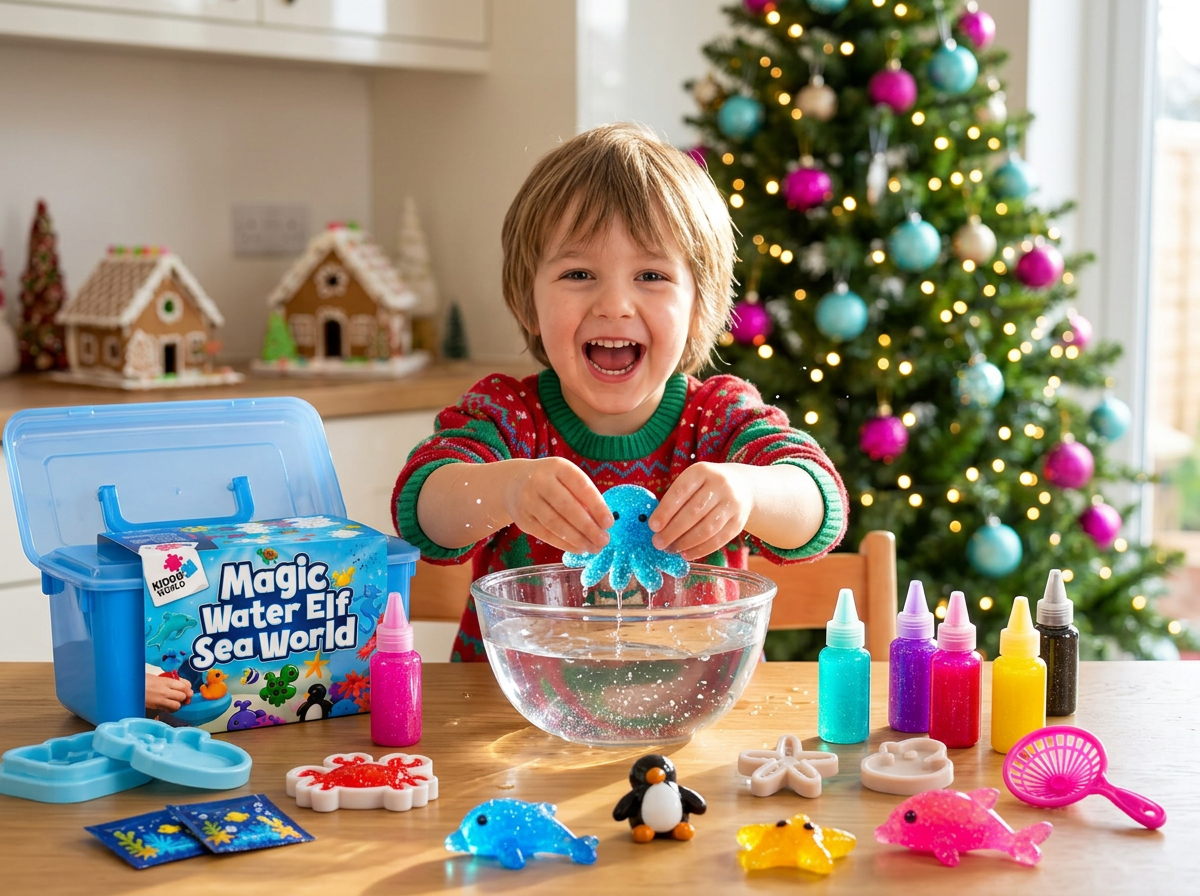 Dziecko wyjmuje z wody gotową, błyszczącą figurkę Magic Water Squishies przy świątecznej choince