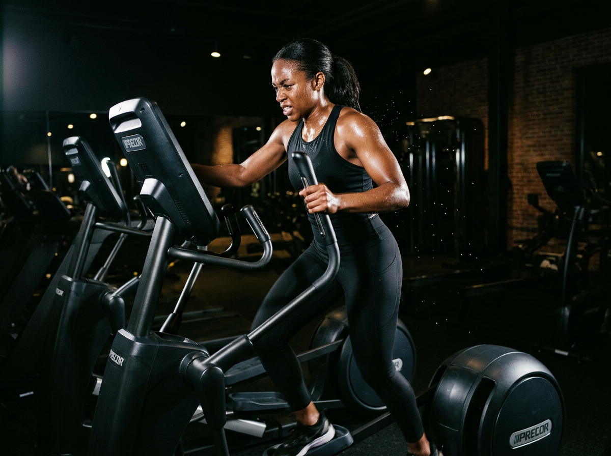 Athlete training hard on a commercial elliptical in a dark gym