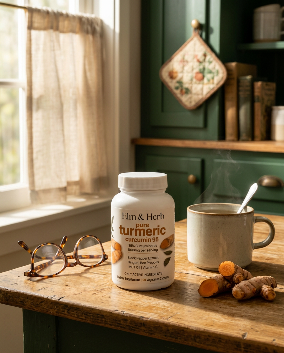 Elm & Herb turmeric bottle on a sunlit kitchen table beside reading glasses, a cup of tea and fresh turmeric root