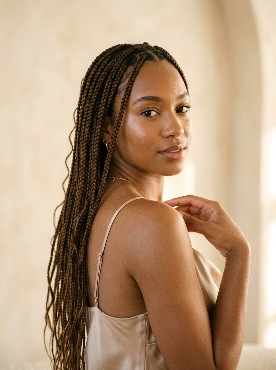 Editorial portrait of a young woman with long knotless box braids in a champagne satin top