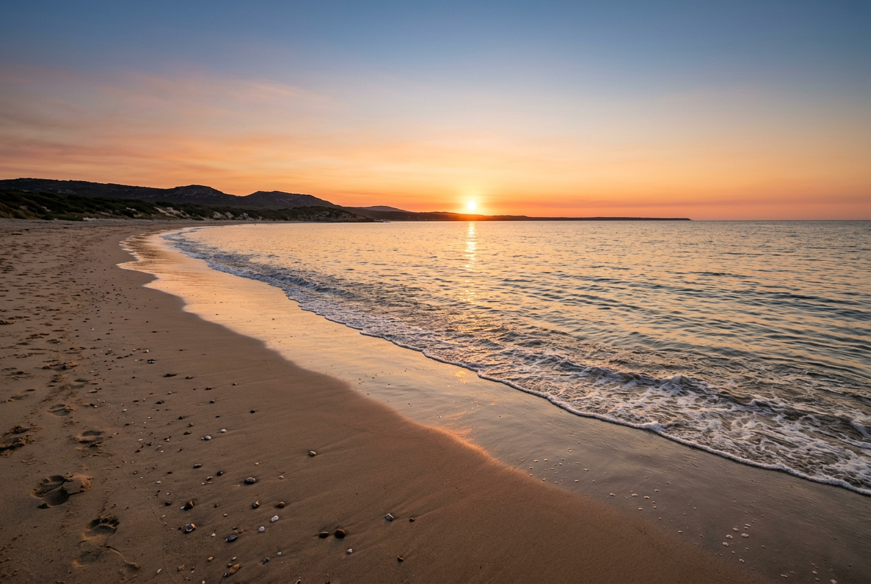 Sonnenuntergang über dem Meer mit sanften Wellen am Strand