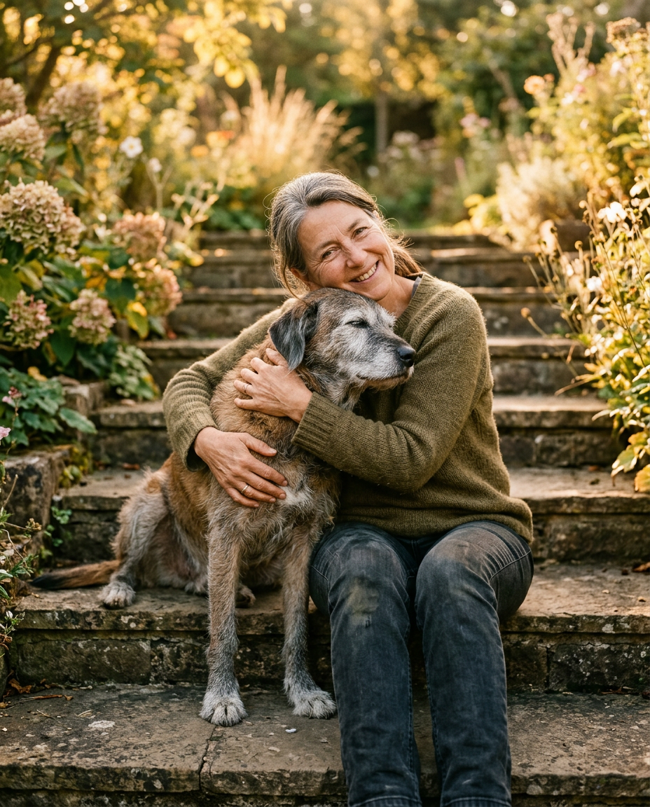 Una donna seduta sui gradini del giardino abbraccia sorridente il suo cane anziano dal muso grigio