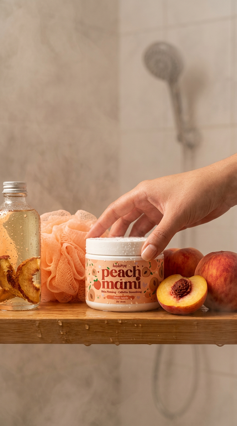 The jar on a steamy shower shelf with a peach loofah