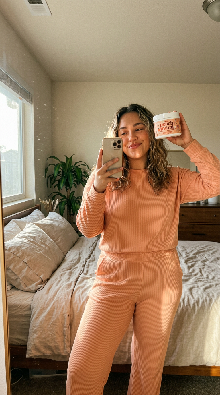 Creator taking a mirror selfie holding the Peach Mami jar