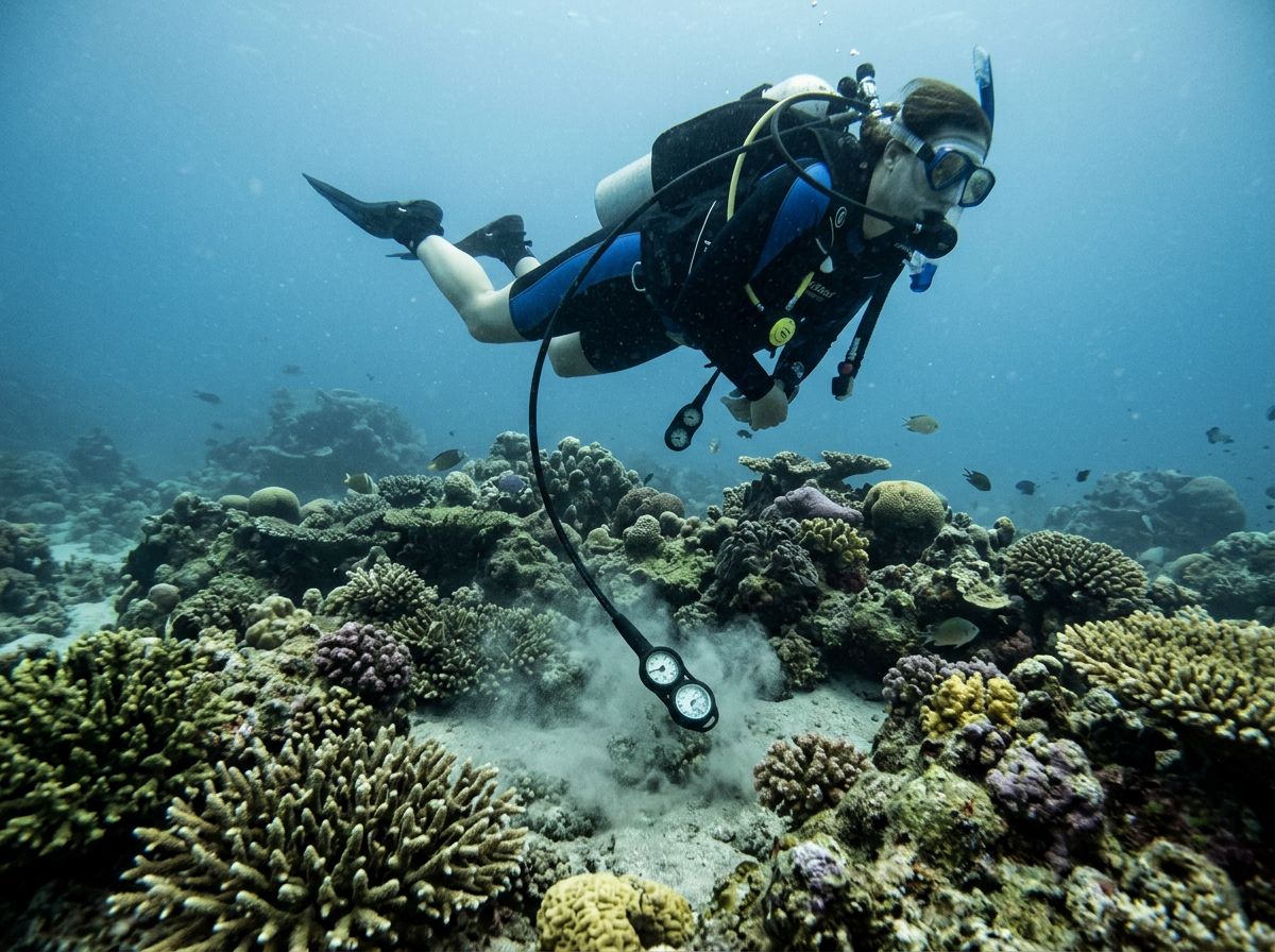 Unsecured gauge console dangling on its hose below a diver and dragging through coral, kicking up sand