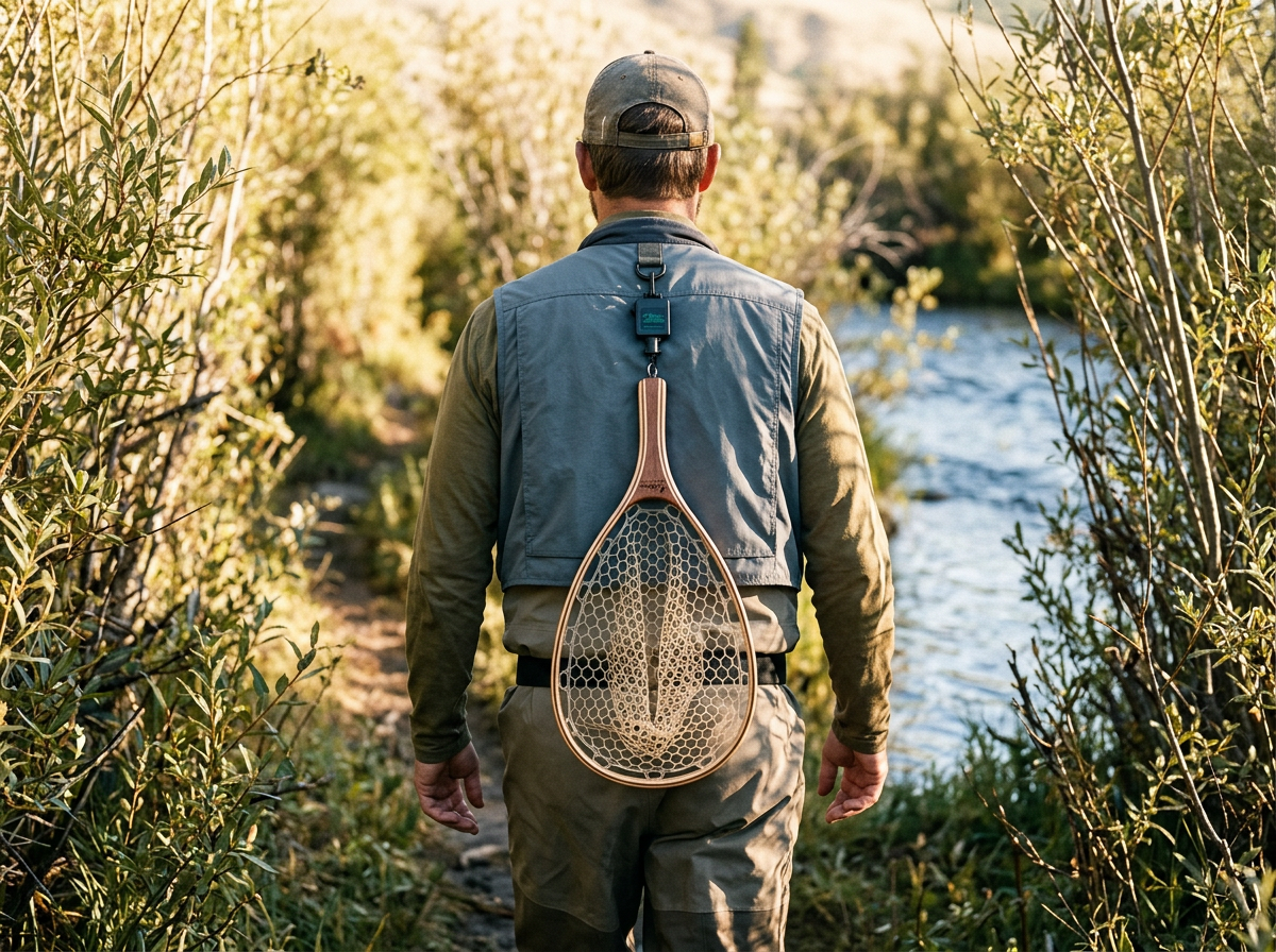 Landing net locked snug to an angler's back by a Gear Keeper retractor as he walks a brushy river trail