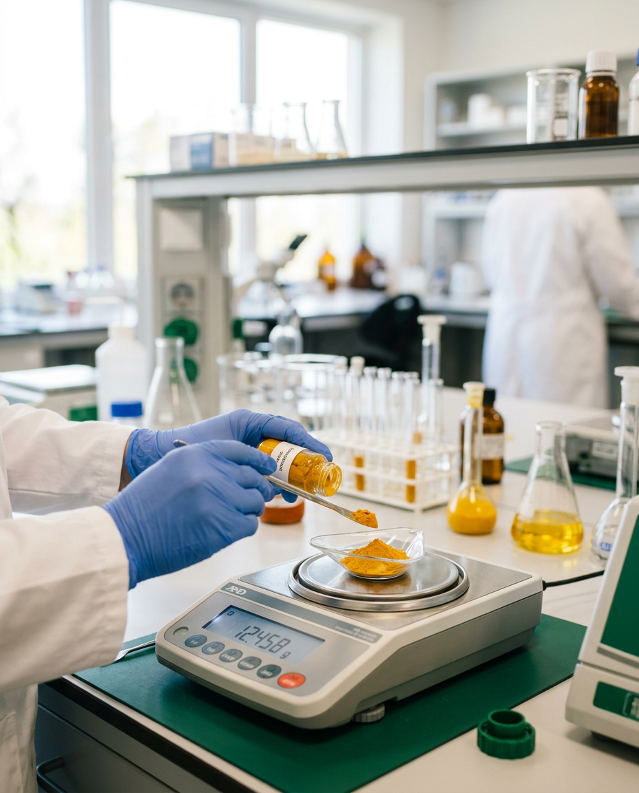 Gloved hands weighing golden turmeric extract on a precision scale in a laboratory