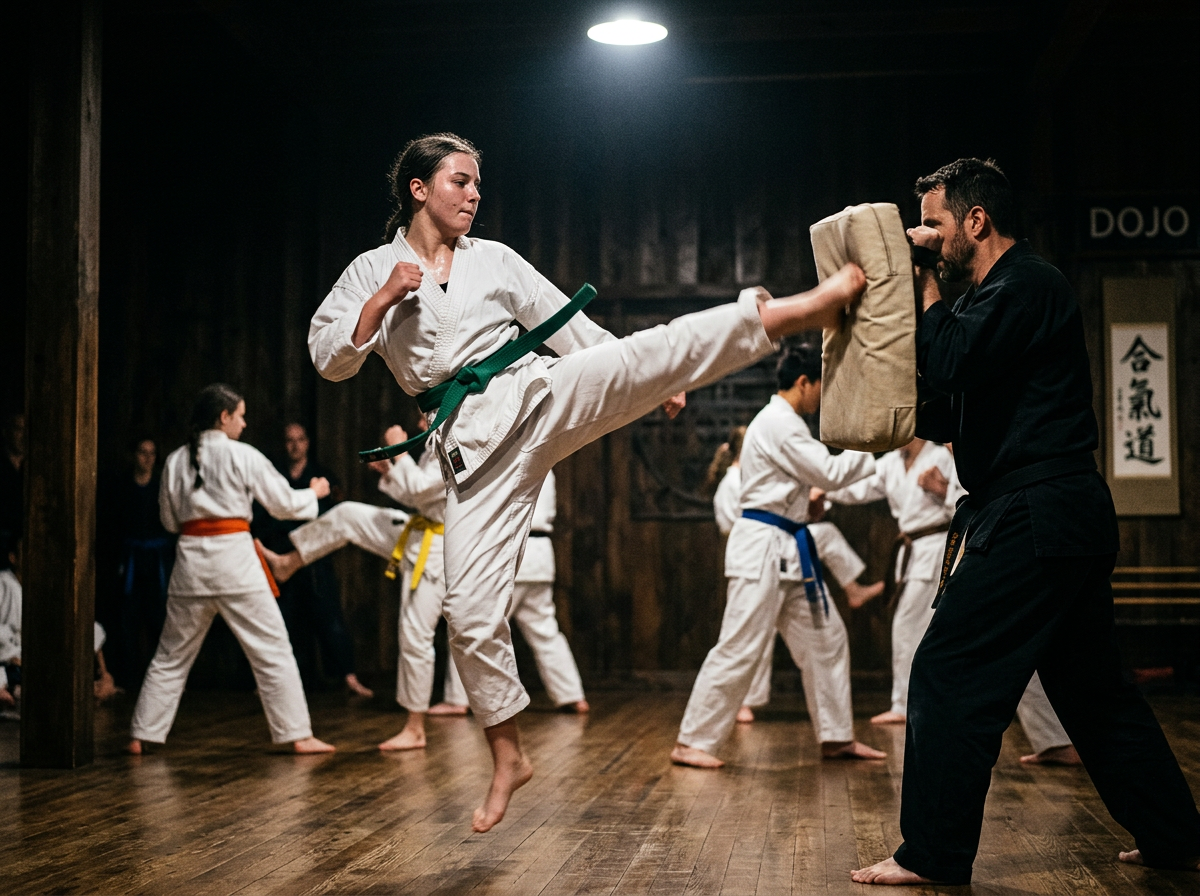 Martial arts students training in a dojo