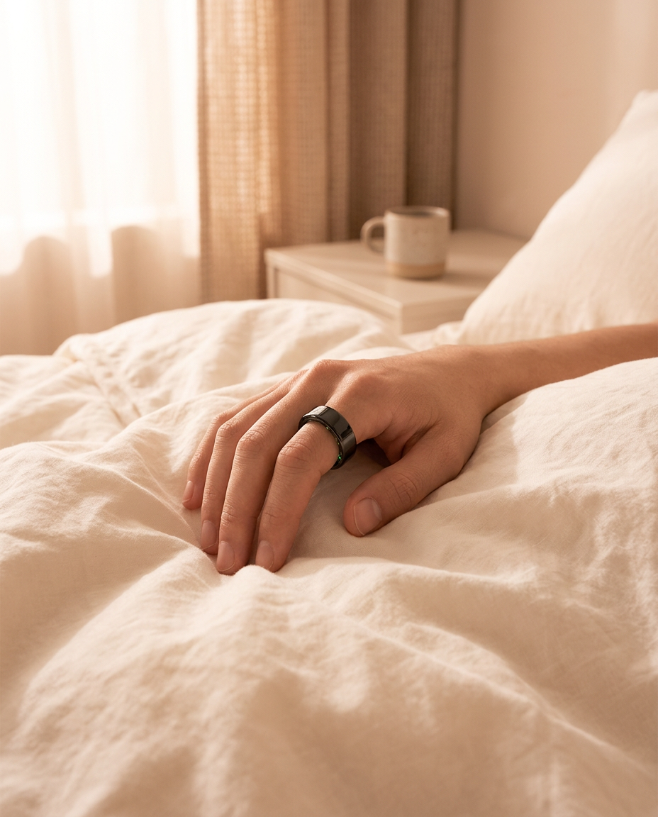 Relaxed hand wearing the smart ring on soft cream bedsheets in morning light