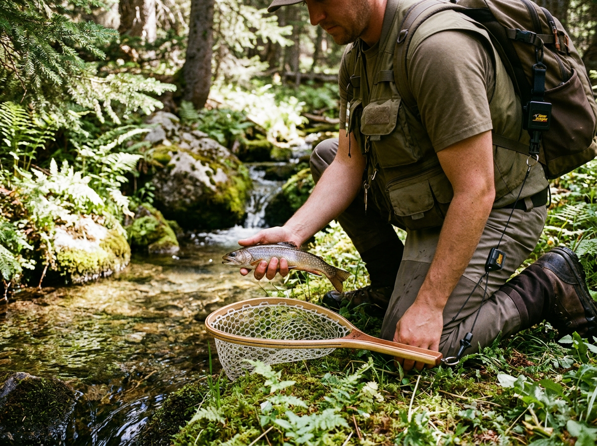 Angler kneeling by a mountain creek holding a brook trout over a net tethered to his pack