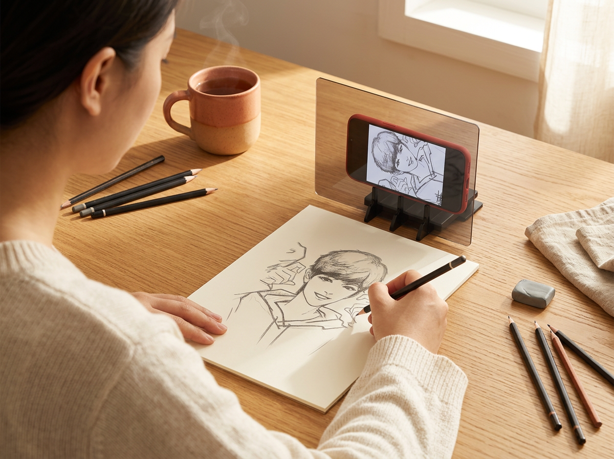 A woman drawing a graphite portrait with the Orvello board and her phone in a sunlit home studio