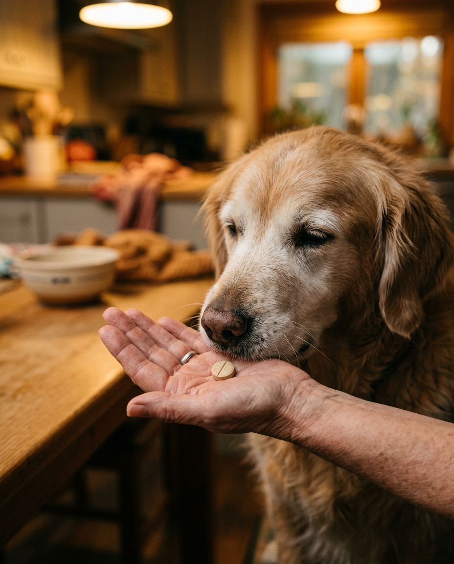 La mano della padrona porge una compressa divisibile a un golden retriever anziano, che la prende con delicatezza dal palmo