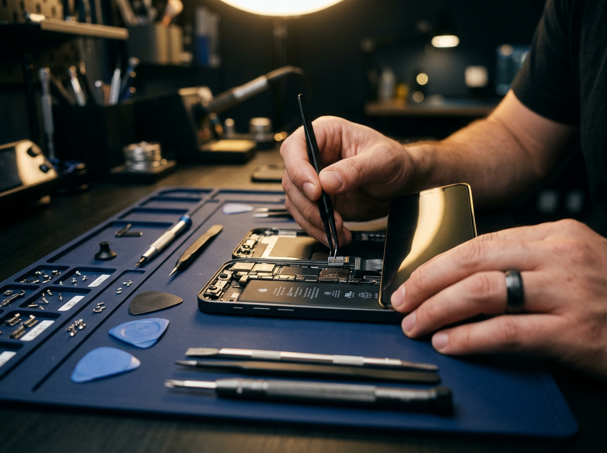 Technician installing a replacement smartphone screen with precision tweezers