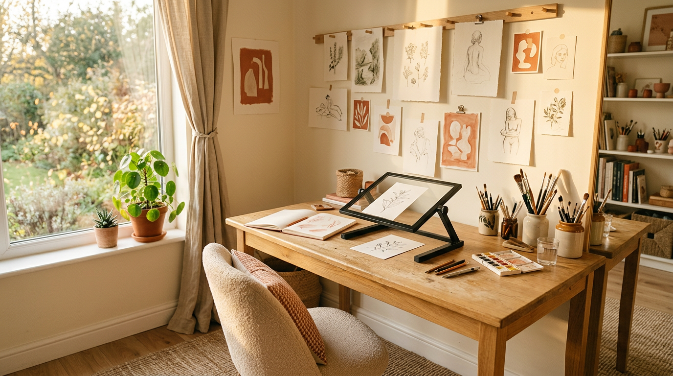 A sunlit home art studio with sketches pinned to the wall and the Orvello board on a wooden desk