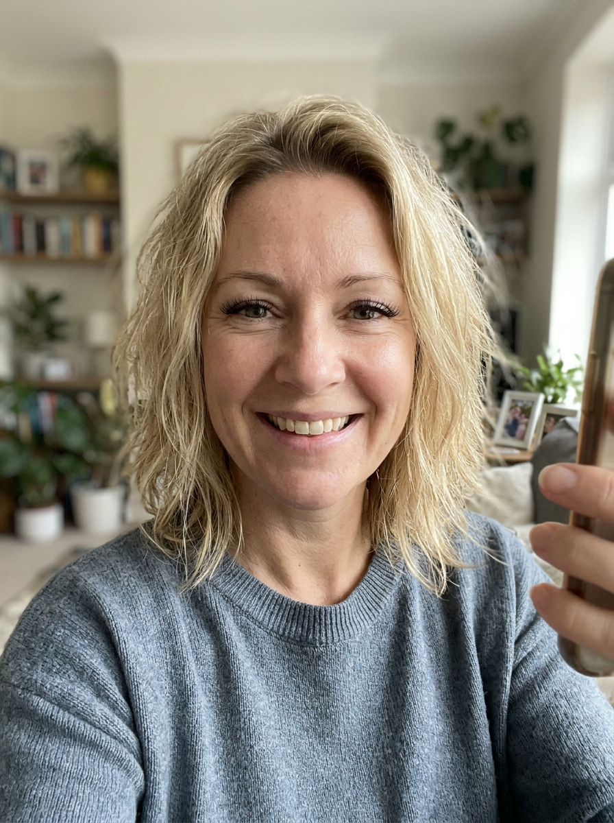 Smiling customer wearing natural wispy lashes