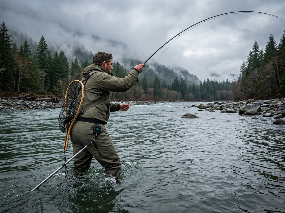 Steelhead angler waist-deep in a wide cold river, net on his back and staff at his hip
