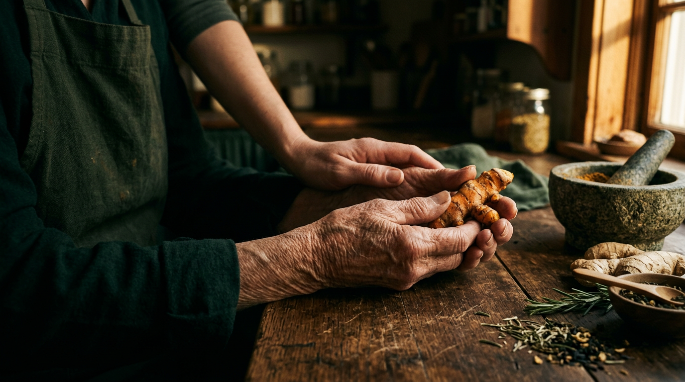 A grandmother's weathered hands holding fresh turmeric root, her grandchild's hand resting gently on hers, at a wooden kitchen table