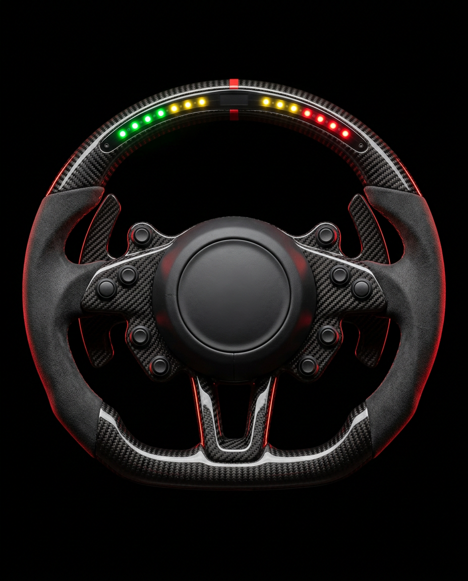 Kierownica custom z pełnego carbonu z paskiem LED shift-light i łopatkami