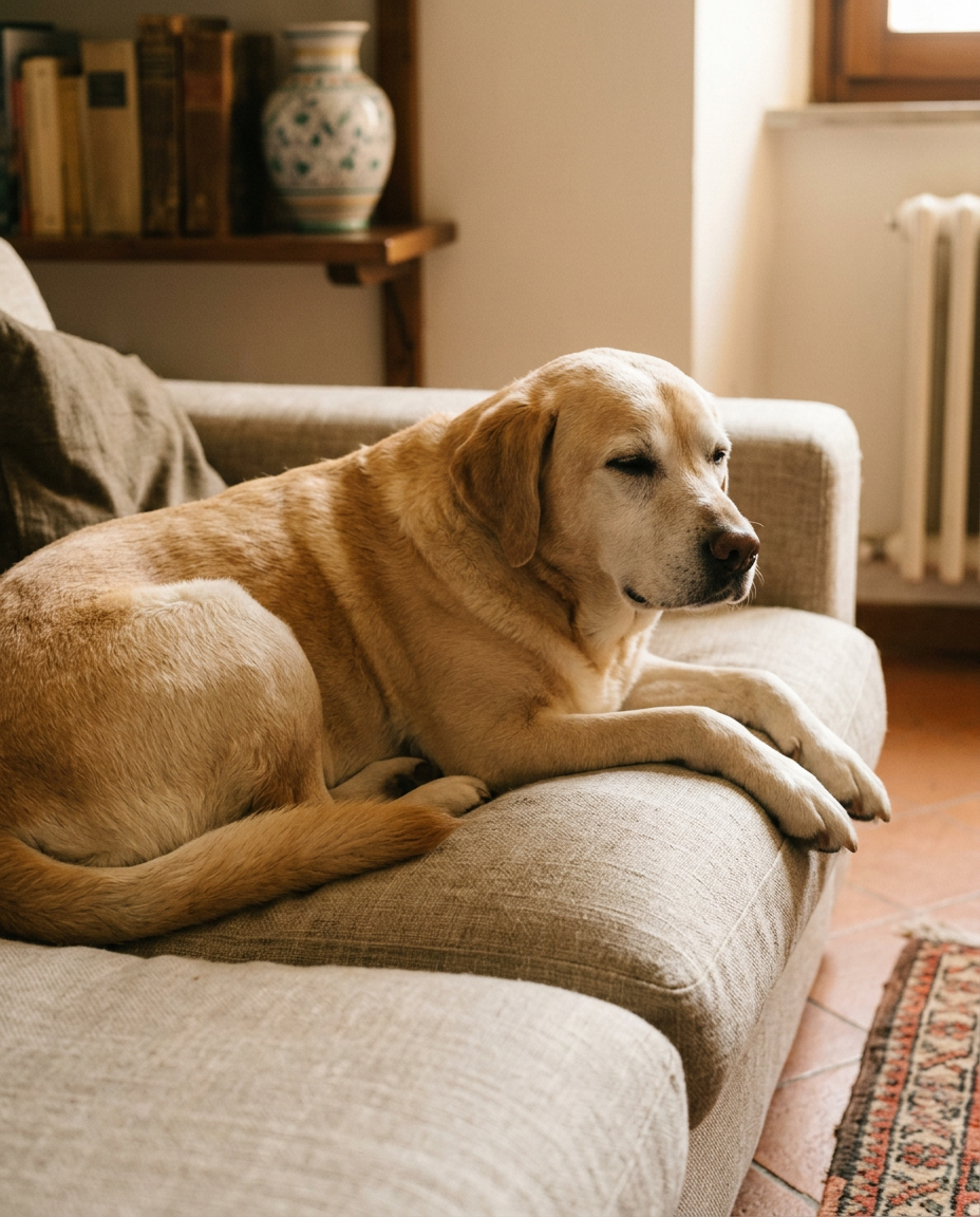 Dopo: lo stesso Labrador anziano sdraiato sereno sul cuscino del divano, nella luce calda