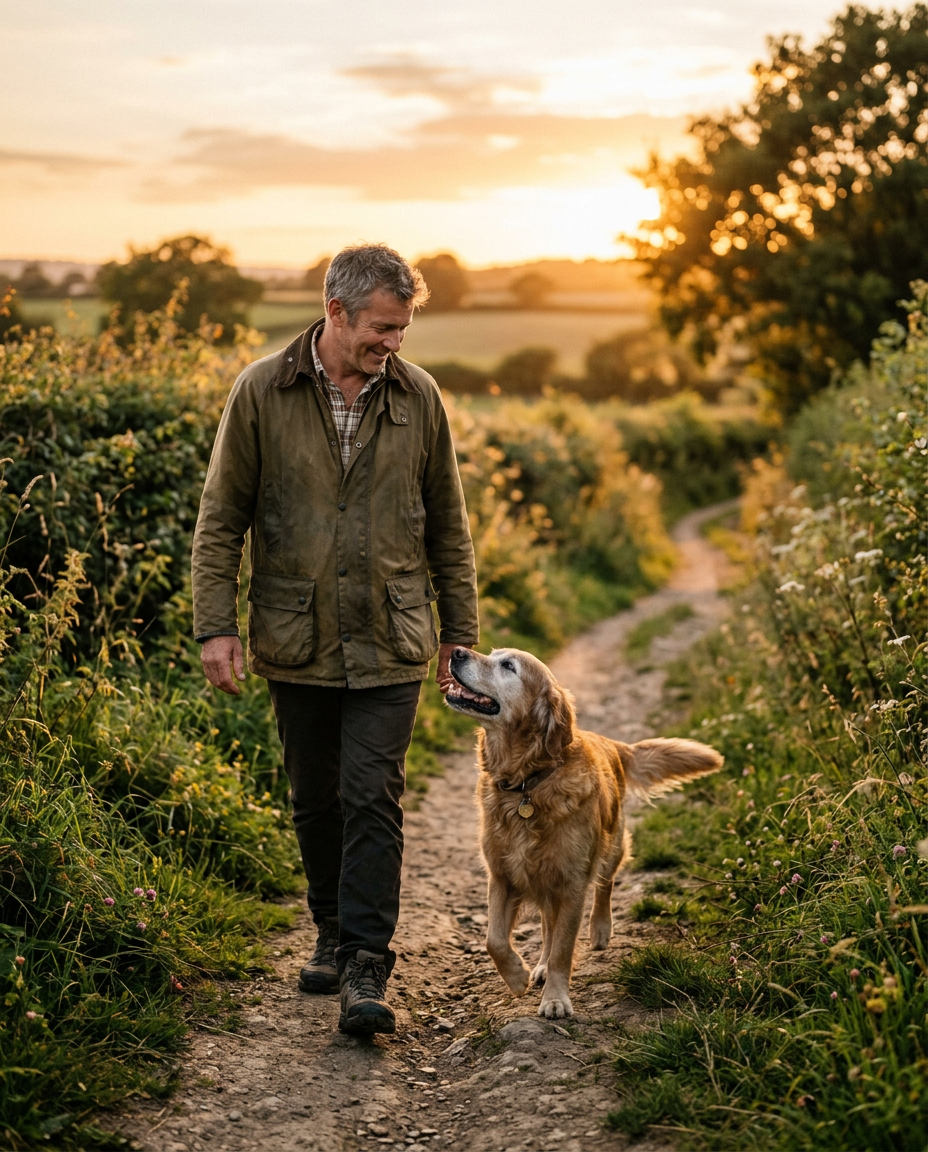 Un uomo passeggia al tramonto su un sentiero di campagna accanto al suo golden retriever anziano, che lo guarda felice